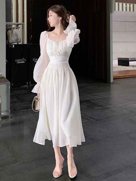 Abiti casual abiti bianchi eleganti donne dolci fate midi a manica lunga ovalo spostata senza schienale estate chiffon estate