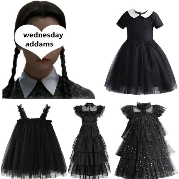 Vestidos de menina quarta -feira cosplay menina fantasia de crianças elegantes roupas carnaval festa preto vestido malha lantejas de halloween vestido de bolo 230812