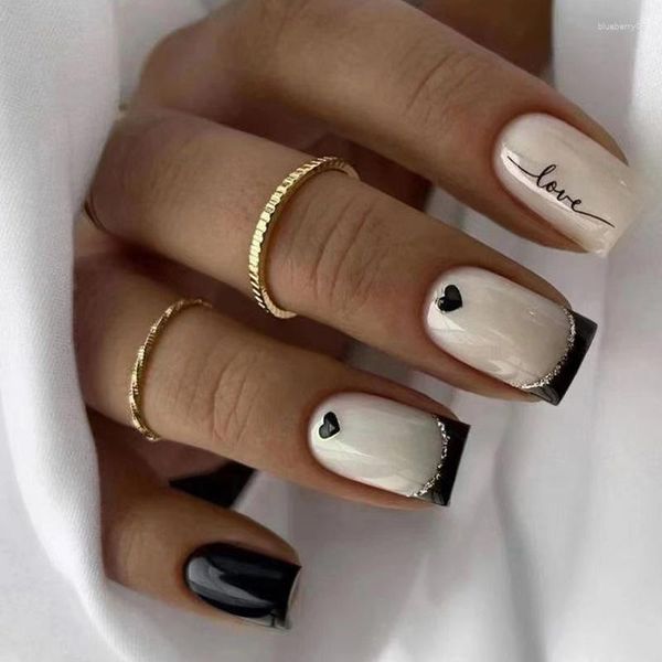 Falso unhas preto branco com cola Pressione em acrílico Fake destacável Dicas de unhas DIY Ferramenta de manicure de capa completa