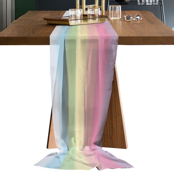 Mesa Candy Candy Rainbow Stripes Pure Chiffon Mesa de luxo Runner Dinning Dinning Decor Decoração de gaze Tabela de mesa de mesa impressa 230811