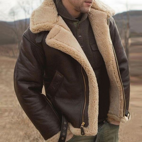 Herrenjacken Herren Kunstleder Klassiker brauner schwarzer Bomberjacke Winter Sheelling Sheepell Coat Herrenleder Biker Jacke groß 230811