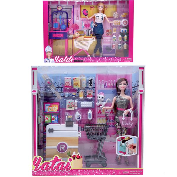 Puppen DIY 30cm Doll Mall Einkaufswagen Automatisch Kassierer Kitchen Lebensmittel Küchengeschirr Spielzeughaus Zubehör Kinder Girl Set Geschenk 230811