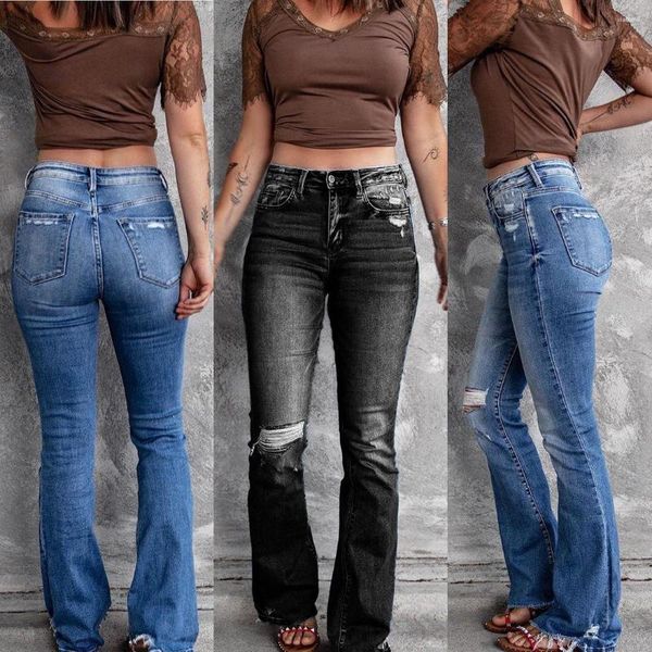 Jeans femminile strappato con la vita alta slim slim frast leggermente bootcut streetwear per donne vintage