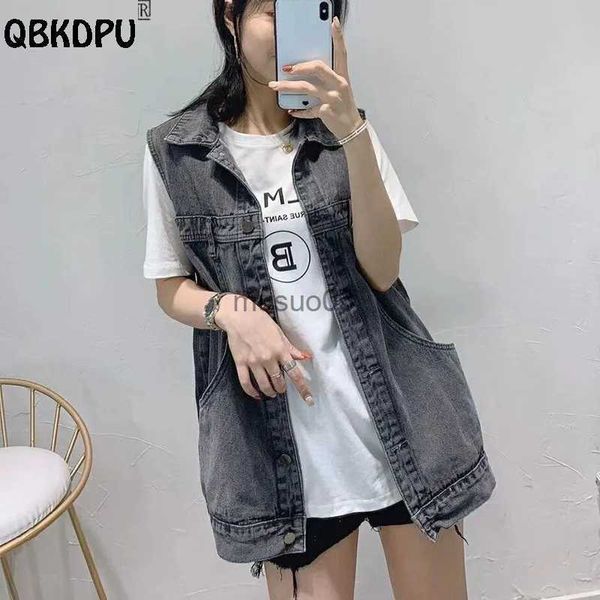 Kadın Yelekleri Büyük Boy 5xl Vintage Denim Yelek Kadın Kore Moda Gevşek Kolsuz Jean Ceket Gri Siyah Siyah Chalecos Mujer Ağızlı yelek HKD230812