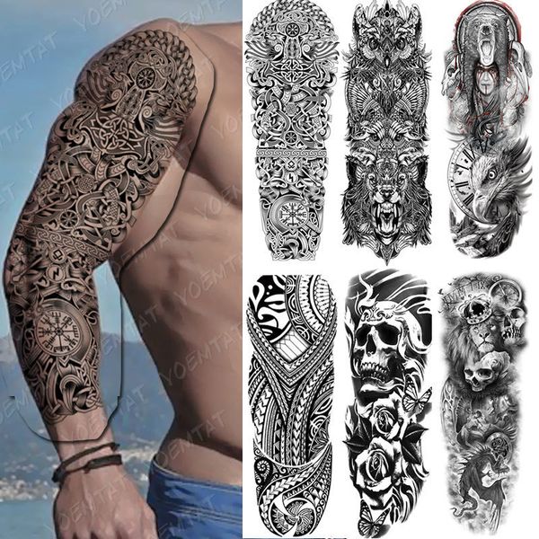 Tatuaggi temporanei a braccio grande braccio tatuaggio serpente gufo maori impermeabile iperrealistic maschi s adesivo vichingo cranio teschio corpo falso tatuaggio donne 230812