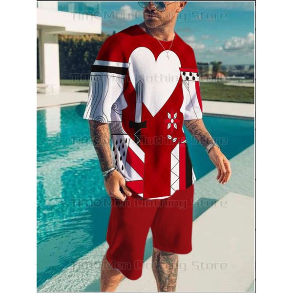 Мужские спортивные костюмы Summer Love Print Track Clesuit 2 Piece Set Fashion Негабаритная футболка мужчины подходят для повседневного пляжного дышащей быстрой сухой спортивной одежды 230811