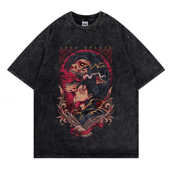 Camisetas masculinas Vintage lavadas camisetas Ataque na camiseta impressa de titã Harajuku camiseta de grande porte casal algodão moda y2k streetwear 230812