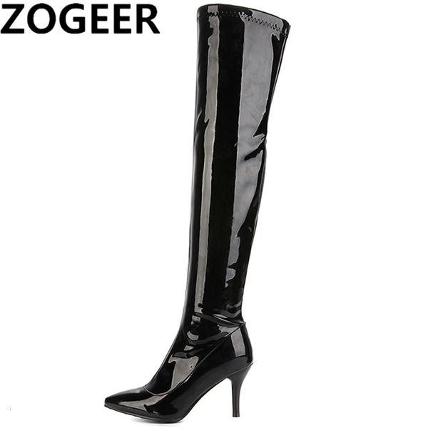 Stiefel Oberschenkel High Stiefel Frauen rotes Mode Patentleder über den Kniestiefeln Sexy Nachtclub Danz Damen Schuhe Schwarz Weiß Plus Größe 48 230811