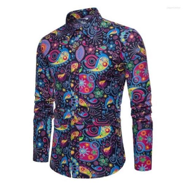 Camisas casuais masculinas 2023 70s Camisa Disco Flower Retro Manga Longa Botão Lapel Cardigan Roupas grandes