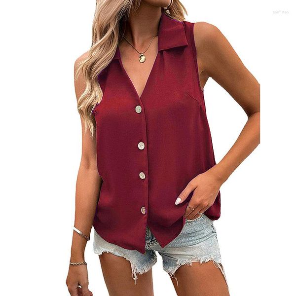 Blusas femininas camisa de verão colete de colete casual moda elegante tanque de cores sólidas tampas de decote em visita de gabinete vistal