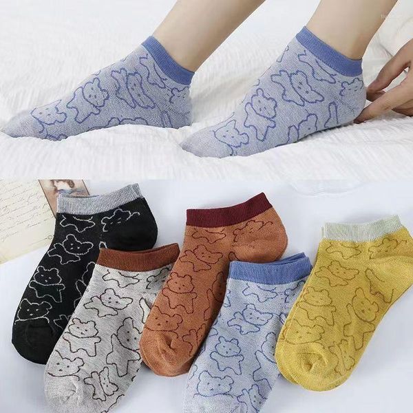 Frauen Socken 5pairs Frühling Herbst Frauen und Mädchen Schöne Bärenmuster kurzes weibliches Baumwoll niedrig geschnittenes unsichtbares Boot kausale keine Show Sox