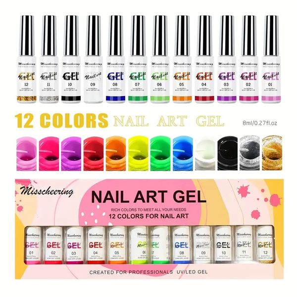Set di smalti per unghie a gel di gel di 12 colori - Gel da disegno per un nail art salone e arte della linea fai -da -te - facile da usare e duratura