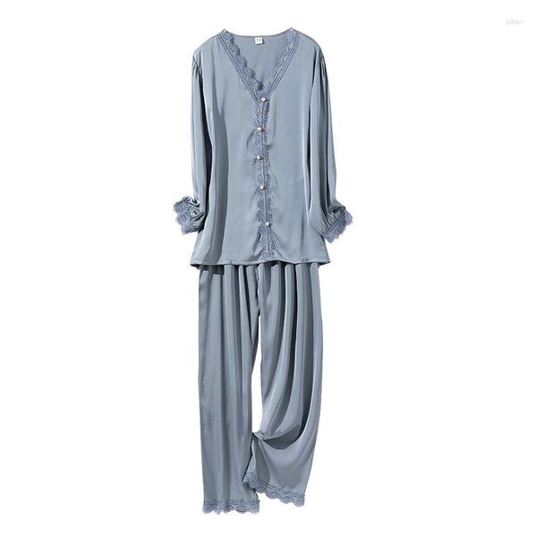 Mulher feminina para mulheres de manga longa calça 2pcs Suportar terno de sono casual Faux Silk Nightwar
