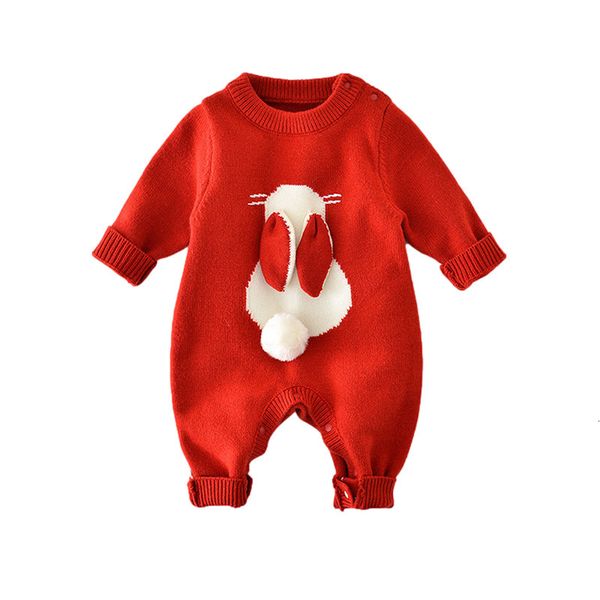 Rompers Cute Bunny Knit Groving per bambini Autumn Inverno Bambino Red Christmas Clothes Born Ocesie Toddler Girls Outfit 230811