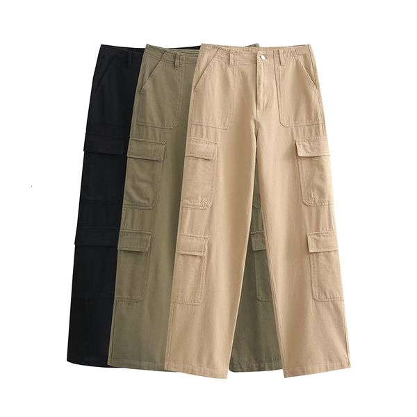 Calça feminina S Cargo Trouser Khaki Exército verde preto Casual Casual High Big Bolsets Long Pantnts feminino