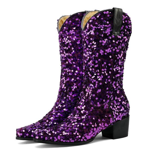 Stivali paillettes stoffa bling rosa blu viola luccichio scarpe da donna inverno slip su tacchi a metà vitello boot oro 230812