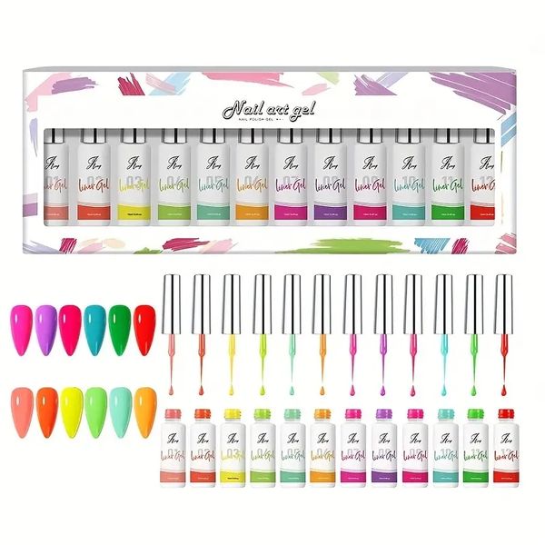 12colors Nail Art Gel Liner Painting Price Set, 12 мл 3D -окрашенного гелевого гель -лайер, неоново -розово -синий фиолетовый коллекция, подходящая для домашнего салона ногтя Diy Diy