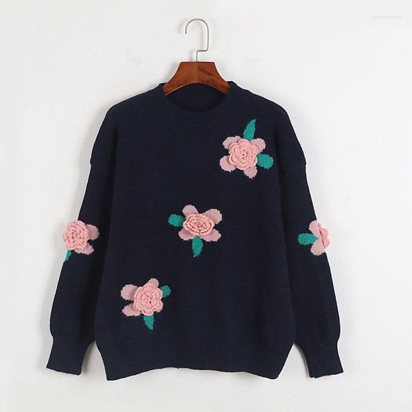 Frauenpullover Häkeln 3D Rose Navy Blue Pullover Frauen Lazy Oaf Pullover 2023 Herbst Winter Round Neck Blumensprunger