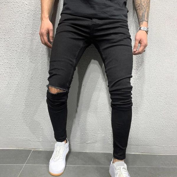 Calça masculina calça calça casual jeans preto jeans de quatro temporadas masculino cool multi-bockets simples cor de jeans de jeans rasgados de cor sólida