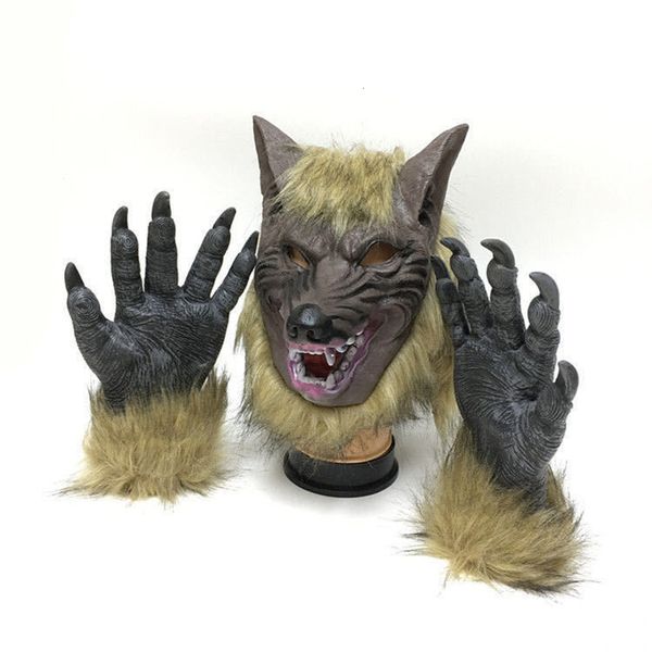 Máscaras de festa Cosplay horrível Creepy Animal Wolf Ear boca, garra luvas de mão Scary Halloween máscara de face completa para o capacete