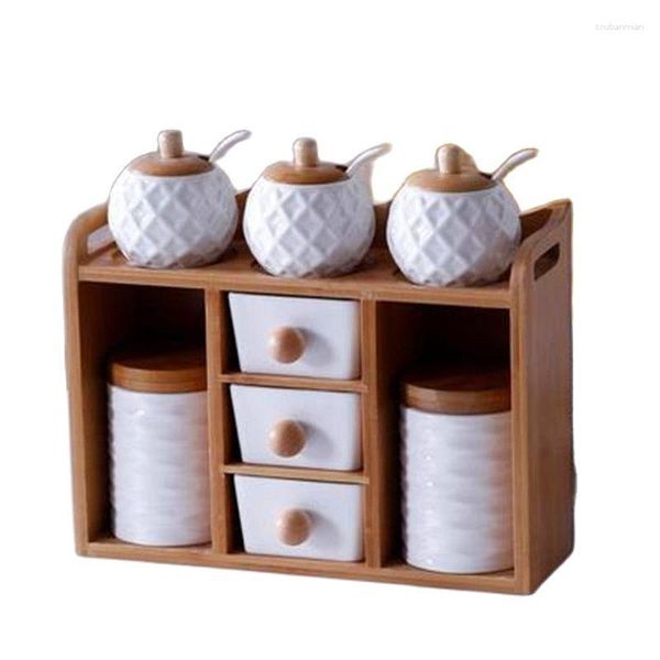 Bottiglie di stoccaggio ceramica bianca pura tè caddy caddy barattolo in vetro multistrato con dolci per supporto in legno cucina di condimento kit