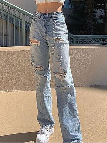 Jeans feminino jeans feminino estilo moda rasgou buracos de pernas largas de calça baixa de pernas largas