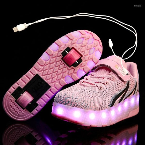 Sportschuhe Kinder Ein zwei Räder leuchtend leuchtende Turnschuhe Rotrosa Led Light Roller Skate Kinder Jungen Mädchen USB -Ladung