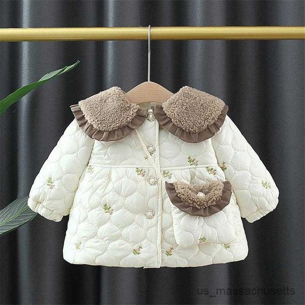 Ceketler Pembe/Beyaz Bebek Kız Yakası Nakış Çiçekleri Kış Paltolar+Çanta Çocuklar Yetişkin Yastıklı Sıcak Paltolar Çocuk Kıyafetleri R230812