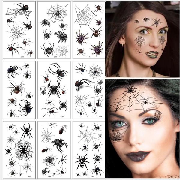 Tatuaggi temporanei da 10 fogli di foglio di Halloween per il trucco per il viso per le vacanze e una maschera per cicatrice del ragno terroristico finto adesivo per tatuaggi impermeabili 230812