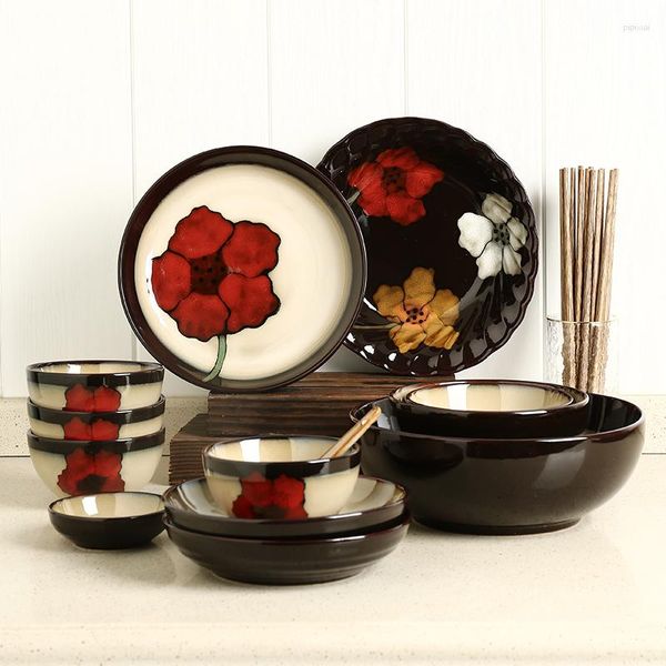 Placas de estilo chinês pintado à mão colorida criativa tigela de tigela conjunta de idiomas de flores pratos e conjuntos de tabela de cerâmica