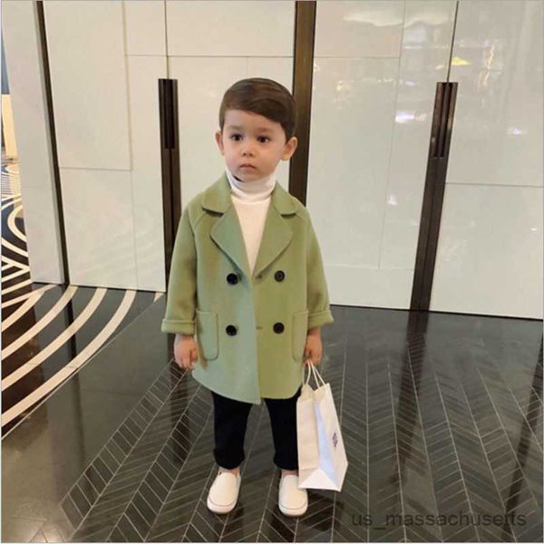 Jacken Wintergitter Jacken Jungen Jungen Mädchen Wolle Doppelbrustbaby Trench Coatel Revers Outhewear Wolle Mantel Kleinkind Herbst Herbst R230812