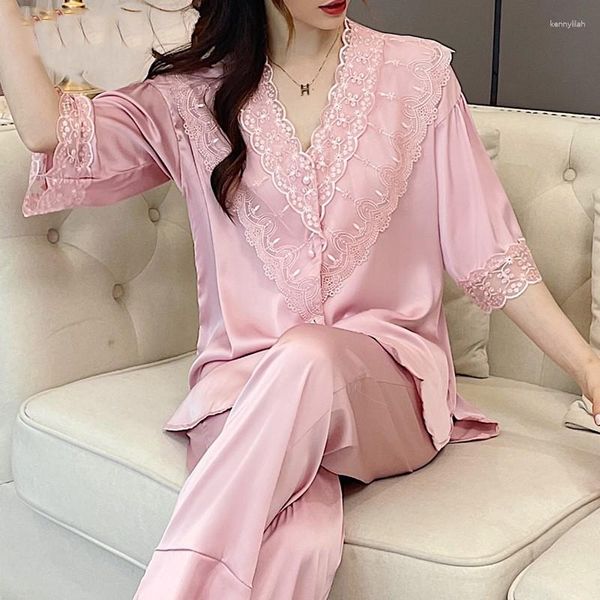 Abbigliamento da donna da donna sexy da donna in pizzo pajamas set pantaloni a maniche corte rosa estate 2 pezzi Abiti pantaloni per pantaloni sciolti in finta seta elastica in vita elastico casa