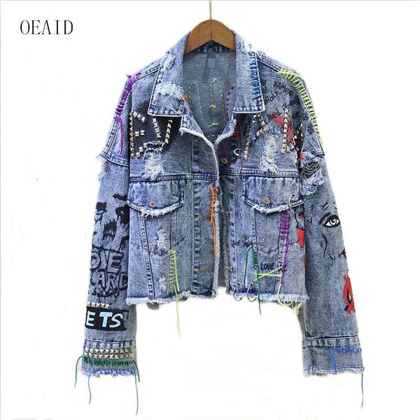 Giacche da donna giacca in jeans cappotto Spring jean women cappotto femminile graffiti rivetta esterno blu 230811