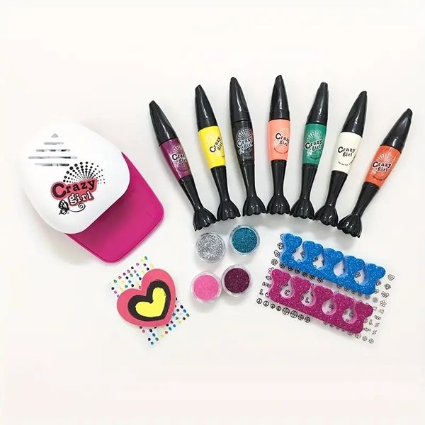 Nagelkit für Mädchen im Alter von 4 bis 12 Jahren - Kindernagellack Set mit Nageltrockner, 2 in 1 Nagelstiften, klebrige falsche Nägel, Nagelkunststudio Make -up Maniküre Spa Dekoration Werkzeuge