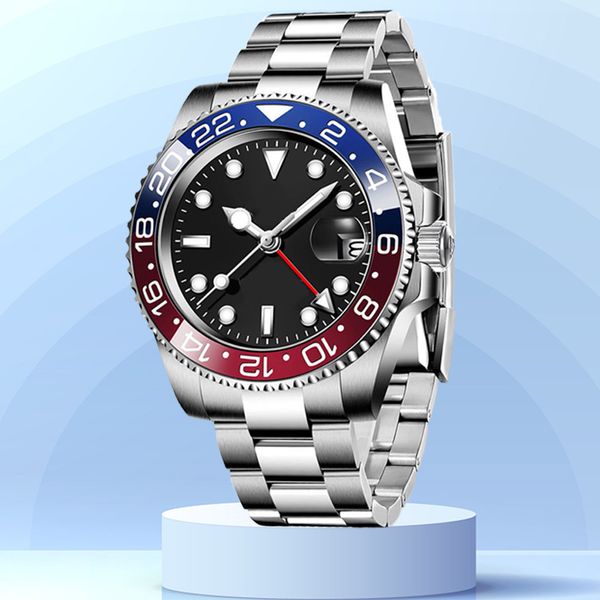 40mm Mechanical Men GMT Retwily Rotation Designer Ratesses Cerâmica Boltela automática Dial preta Moda clássica de borracha resistente à água Sapphire suíço