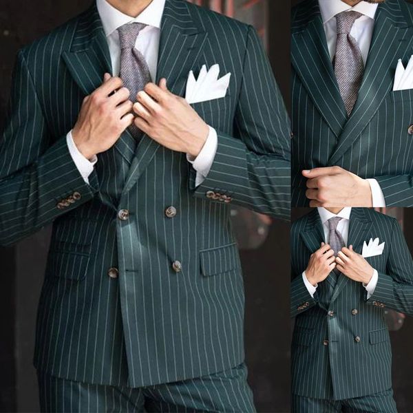 Pinstripe Erkekler Slim Fit Düğün Damat Giyim Smokin Tuxedos Tepe Yok İş Blazer 2 Parça Set Kostüm Homme Ceket Pantolon