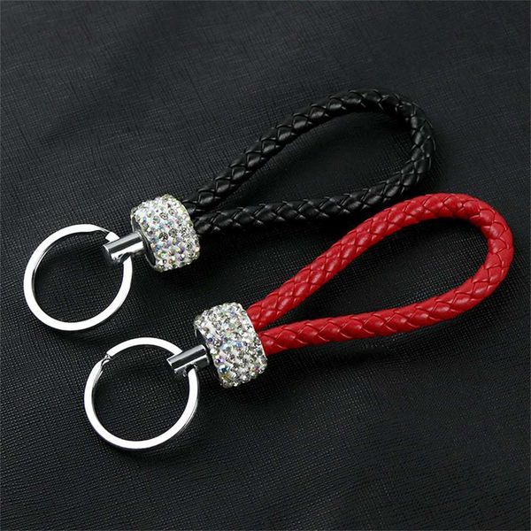 Keychains colhedores shinestone pu de couro trançado corda chaveiro tecido teclado para homens homens clássicos para suporte de chave de carros de presente lembrança de presentes