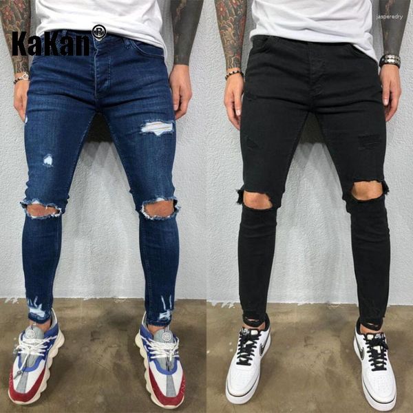 Jeans maschile kakan - piccola gamba elastica elastica europea e americana di alta qualità con blu scuro strappato K01-8812