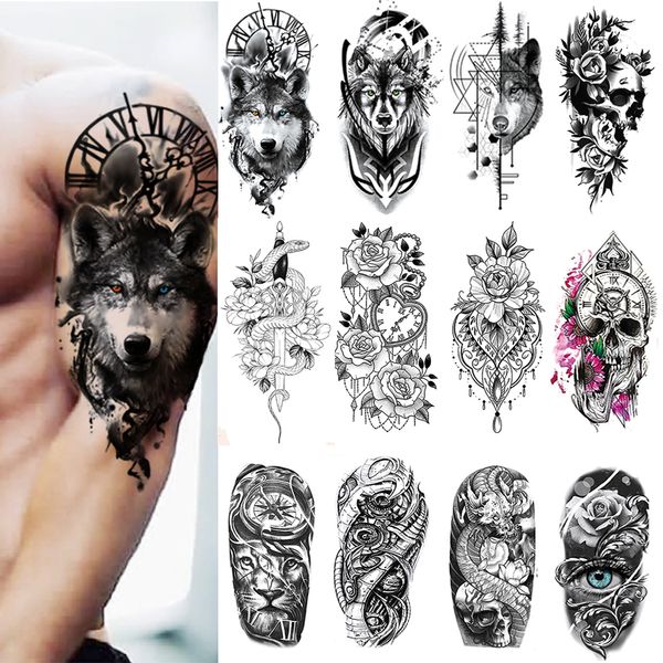 Temporäre Tattoos 100 Stück Großhandelesales wasserdichte temporäre Tattoo Aufkleber Wolf Tiger Schädel Schlange Blumenkörper Arm Henna gefälschte Ärmeln Mann Frauen 230811