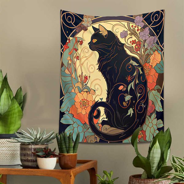 Wandteppiche, schwarze Katze, Wandteppich, Wandbehang, Rose und Sonnenstrahl, Jugendstil-Blumen-Wandkunst, Tier-Katzenliebhaber, Geschenk, Heimdekoration