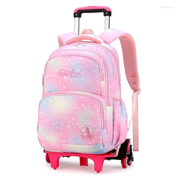 Mochila ortopédica impermeável infantil com rodas de bolsa de escola primária Wheels, carrinho destacável para garotas infantis