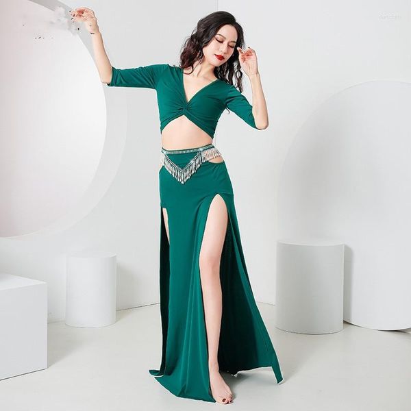 Abbigliamento da ballette per la competizione vestiti di danza pancia abito costume rhinestone da 2 pari set long shine shine high waist sexy show outfit slit