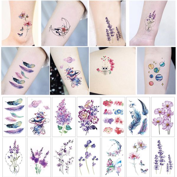 Tatuaggi temporanei piccoli tatuaggi impermeabili Adesivo colorato fiore di piume Foglie pianeta Moon Women Body Art Neck False Men 230812
