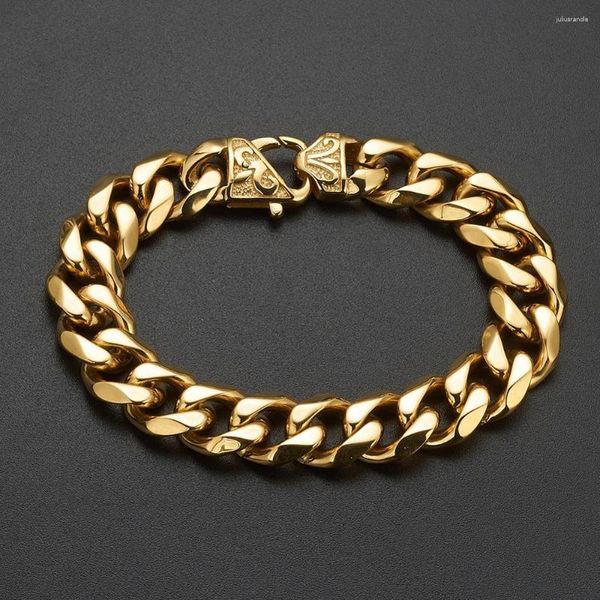 Braccialetti di collegamento 12/15 mm a larghezza oro lucido taglio taglio taglio cubano cubano 316L Bracciale in acciaio inossidabile uomo Cool Chain Boys Heavy Jewelry 7-11 