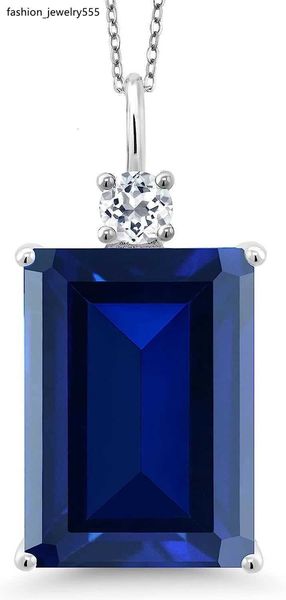 Strands Strings Gem King 925 Серебряный стерлинговый синий синий искусственный сапфировый и белый топаз женский подвесной ожерелье 17,83 Карат нефрит среза с 45,72 см серебряной цепи