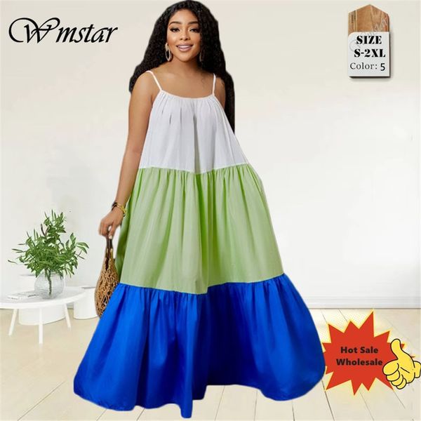 Vestidos casuais básicos wmstar roupas femininas deslizam com mangas de retalhos sólidos de bainha de bainha maxi vestido de verão no atacado Drop 230811