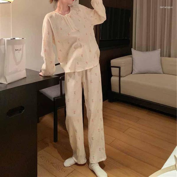 Frauen Nachtwäsche Blumendruck Pyjama Set Langarm Spring Ladies 2 PCs mit Hose o Hals bequemer Zuhause für weiblich