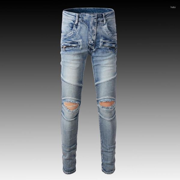 Jeans masculino Moda de streetwear Men retro azul elástico Slim Fit Brand rasgado Spliced ​​Designer Hip Hop Biker Homme