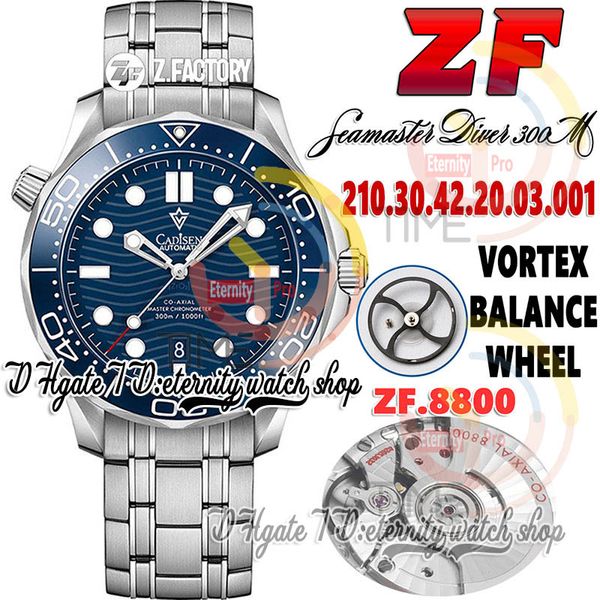 ZF Diver 300M ZF210.30.42.20.03.001 Мужские часы A8800 Автоматическая керамическая панель синяя текстура циферблат