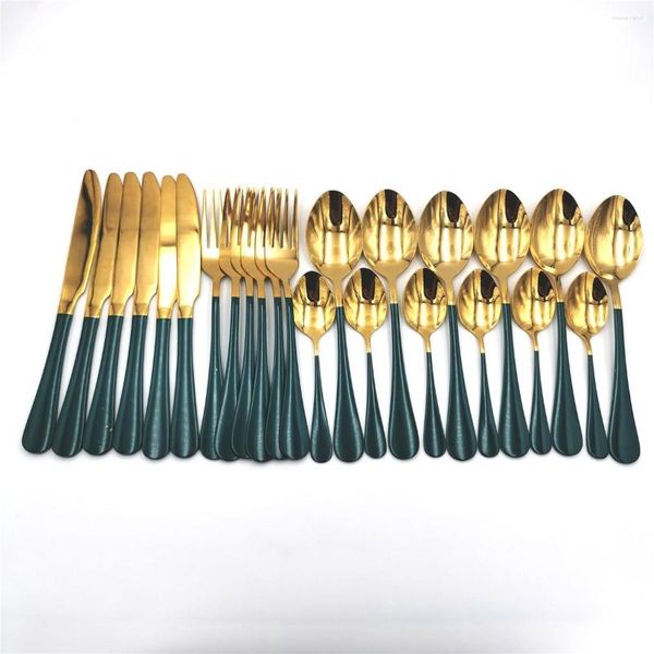 Conjuntos de utensílios de jantar conjunto de talheres de mesa de ouro verde 24pcs Caixas de aço inoxidável Facas de facas de colher de cozinha de cozinha de cozinha de cozinha de férias